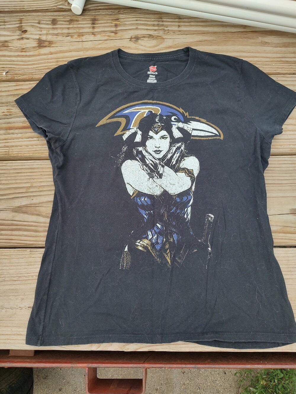 Black Graphic Women’s Tee with Baltimore Ravens Wonder Woman Design